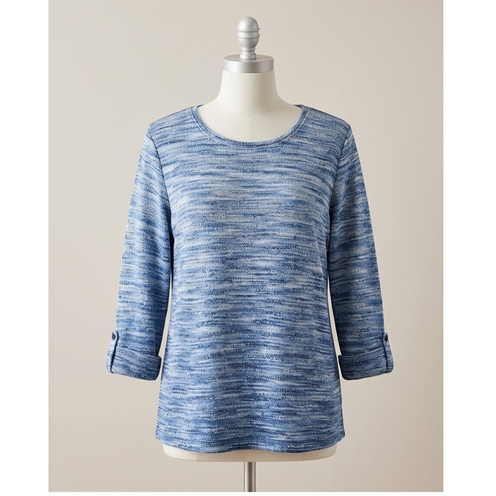 Allison Daley L Petite Blue Space Dye Knit Top 3/4 Roll Tab Sleeve PL Large